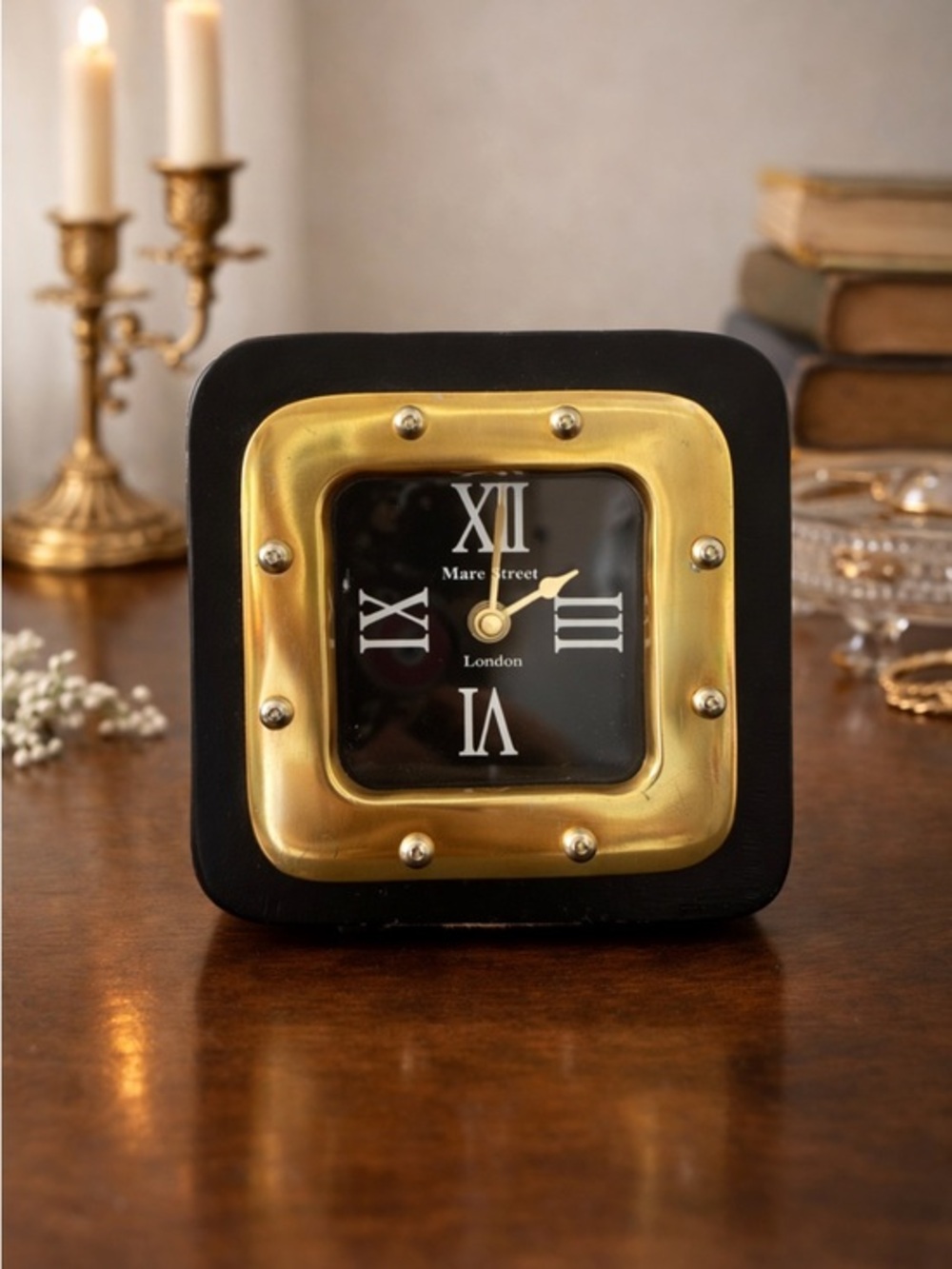 Roman Numbers Black and Gold Small Table Clock Antique